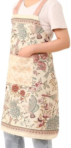 patdrea Blue Floral Linen Apron with Pocket,French Kitchen Garden Chef BBQ Aprons for Women and Men,Crisscross Back Straps - Image 3