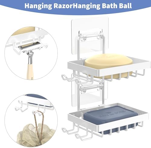Moforoco White Double Soap Bar Holder for Shower, No Drilling, 304 Rustproof Stainless Steel, Wall Mounted Soap Holder with 4 Hooks and Razor Holder, Shower Rack Soap Tray Bar Soap for Bathroom - Image 2