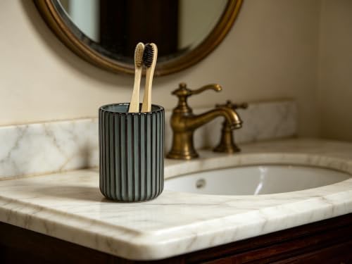 Stoneware Toothbrush Holder for Bathroom Tooth Brush Holder for Bathroom Toothbrush Cup Toothbrush Holders Cute Fluted Vertical Ribbed Stripe (Concrete Grey) - Image 3