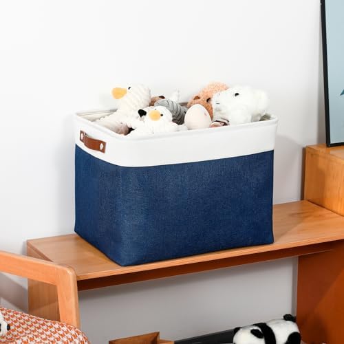 DULLEMELO Large Storage Baskets, Fabric Storage Bins for Organizing Foldable Linen Shelf Baskets for Clothes, Toys, Closet, Laundry (White&Blue,16"x12"x12"-1 Pack) - Image 5