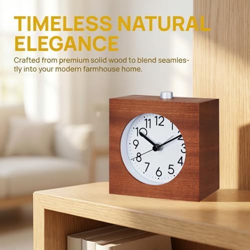 Wooden Analog Alarm Clock Silent Battery Operated with Night Light - Image 6