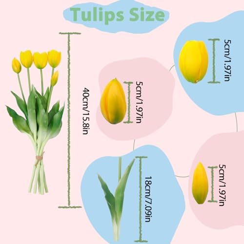 15 Pcs Yellow Artificial Tulips Fake Flowers, Premium Latex Lifelike Texture, UV Resistant Waterproof Faux Tulip Bouquets with Snap-on Petals for Outdoor, Home, Wedding Decor - Image 2