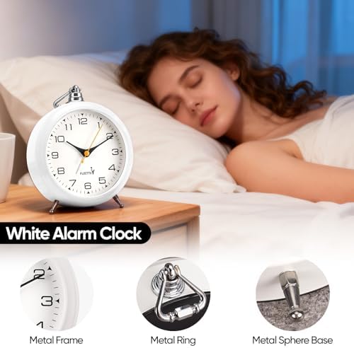FLOITTUY 4.5" Battery Operated Antique Retro Analog Metal Alarm Clock, Silent Bedside Desk Clock, Wall-Hanging Vintage Clock(White) - Image 2