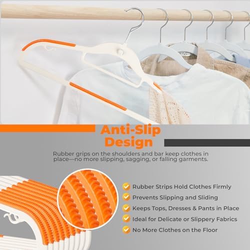Lightweight White Plastic Hangers 20 Pack with Cascading Hook, Space Saving Thin, Closet Organizer, Orange Anti-Slip Pads, 360° Swivel, Tie Holder - Image 5
