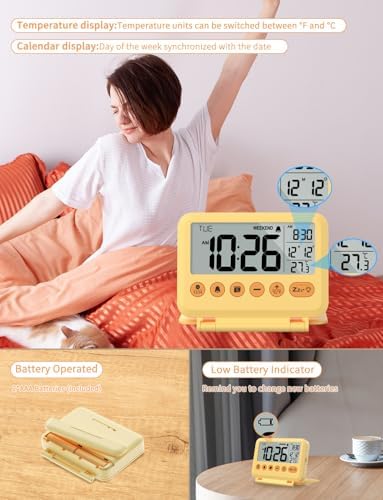 Digital Travel Alarm Clock - 3.54 inch LCD Display, 9-Minute Snooze, 2 Volume Levels, Backlight, Battery Included (Yellow) - Image 5