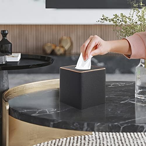 Linen Square Tissue Box Cover,Cube Tissue Box Holder－Excellent Rosegold Leather Decoration,Table Napkin Case Dispenser,Facial Tissues Organizer with Magnetic Bottom for Home Office Car(Black) - Image 4