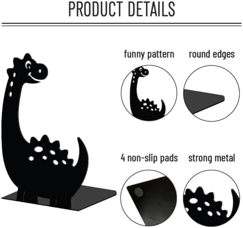 WADORN Cartoon Dinosaur Metal Bookends for Shelves Decorative 1 Pair, Heavy Duty Books End Support Non-Skid Book Holder Black L-Shaped Book Stopper for Home Office Desk Book Divider, 4.7x3.5x7 Inch - Image 4