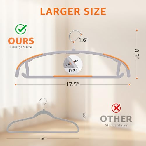 Yolife Plastic Clothes Hangers 50 Pack with Non-Slip Pads, 17.5" L × 8.3" H Heavy Duty Hanger with 360° Swivel Metal Hook, Slim Space Saving Hangers for Closet Organizer, Gray & Orange - Image 2