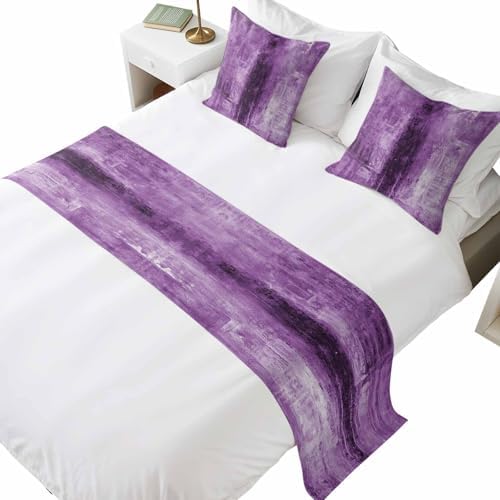 Bed Runner for King Size Bed, Purple Decorative Beds Runners and 2 Matching Pillow Covers Set, Retro Oil Painting Modern Abstract Art Aesthetics Beds Scarf Throw for Foot of Bedding Set for Hotel by Ldtrchee