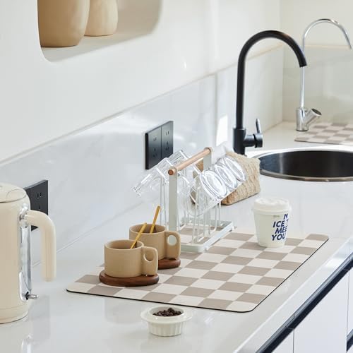 Ohocut Checkered Dish Drying Mat for Kitchen Counter, Coffee Bar Station Accessories, Retro Cute Aesthetic Modern Absorbent Drainer Mat Kitchen Drying Mat Easy Clean, Khaki 12" x 19" by Ohocut