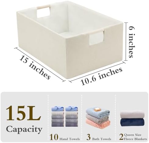 Foldable Fabric Storage Basket for Shelves, Linen Decorative Storage Bin with Wooden Handles, Small Organizer Cube for Closet, Rectangle Canvas Box for Organizing, Decor, 15x10.6x6 Inches (Beige) - Image 2