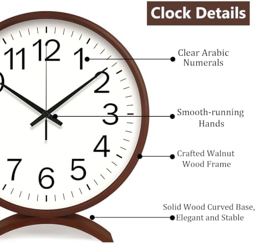 Maxspace Table Clock-8 Inch Silent Non-Ticking Wooden Timepiece Desk Clock, Battery Operated Decor Round Clock for Living Room Office Bedroom Decor (Walnut, White Dial, Black Hands) - Image 4