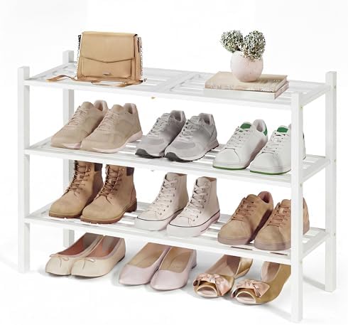 SONGMICS Bamboo Shoe Rack, 3-Tier Stackable Shoe Organizer, for 12-16 Pairs by SONGMICSbySONGMICSHOME