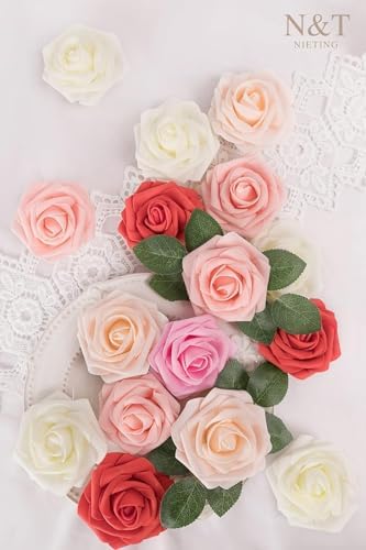 N&T NIETING Artificial Roses Flowers 25Pcs Real Touch Fake Foam Flowers with Stems for DIY Wedding Bridal Bouquet Party Baby Shower Cake Home Arrangement Decoration,Series Red - Image 4