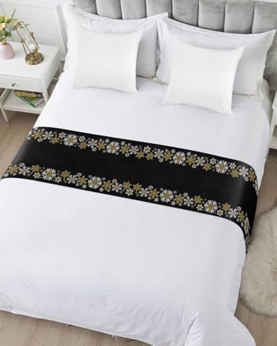 Winter Christmas Snowflake on Black Bed Runners for Bedroom Hotel,Decorative Bedding Scarf Gold White Pattern Bed End Blanket Bedding Runner Scarves for King Size Bed,102x20in - Image 3
