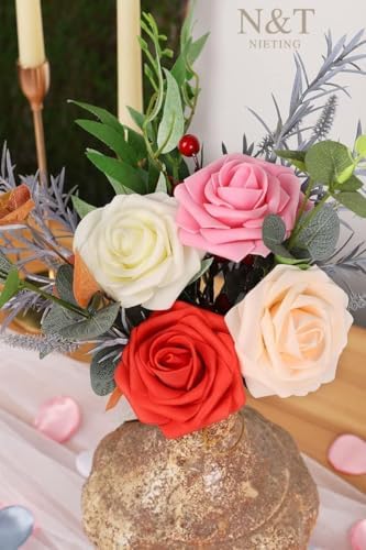 N&T NIETING Artificial Roses Flowers 25Pcs Real Touch Fake Foam Flowers with Stems for DIY Wedding Bridal Bouquet Party Baby Shower Cake Home Arrangement Decoration,Series Red - Image 5