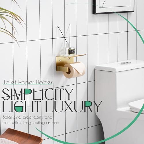 KOKOSIRI Roll Paper Holder Spring Loaded Tissue Paper Holder Bathroom Toilet Roll Holder with Shelf Wall Mounted Stainless Steel Brushed Gold B2012BG - Image 3