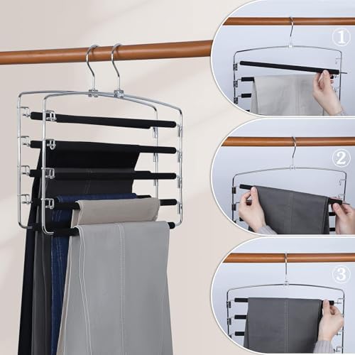 5-Tier Pants Hanger 2 Pack, Closet Organizer Space Saving Hanging Storage for Jeans, Trousers, Skirts, Dresses, Scarves (2-Pack) - Image 7