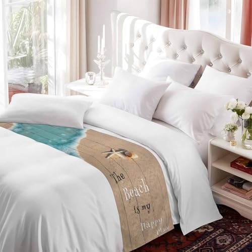 Coastal Ocean Starfish and Shell Sand Bed Runner for Bedroom Hotel - Decorative Bedding Scarf 'The Beach Is My Happy Place' - End Blanket Runner for California King Size, 102x20in - Image 7