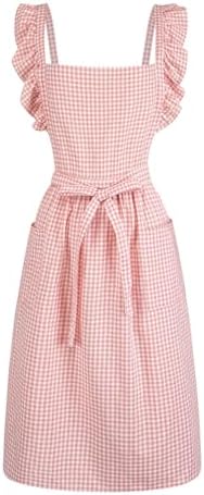 Vintage Gingham Apron for Women, Ruffle Straps, 2 Pockets, Soft Cotton, Apron Dress Style for Cooking & Baking by SeedBySea