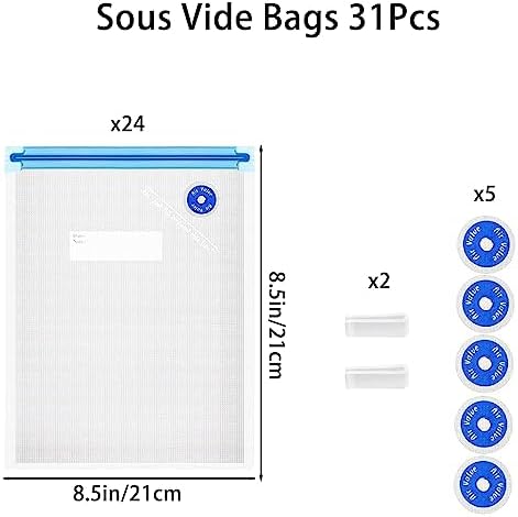 Higfra Reusable BPA Free Vacuum Sealer Bags (8.5 * 8.5in), 31 Pcs (24 Pcs Vacuum Zipper Bag & 2 Seal Clips & 5 Air Valves), Plastic, Clear, Double Zipper Seal, Microwaveable, Food Storage, Cooking - Image 2