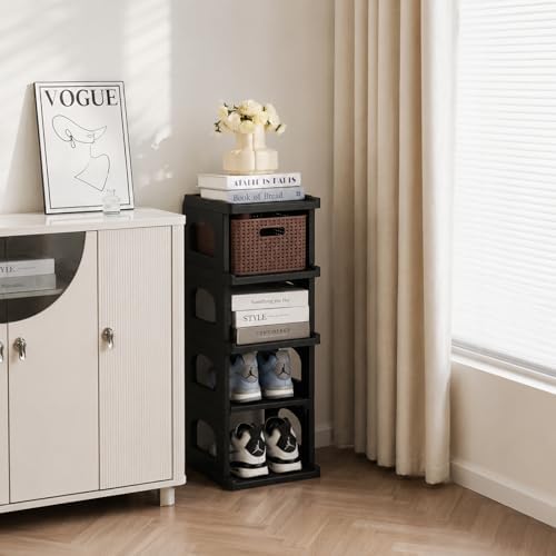 5 Tiers Vertical Shoe Rack for Closet Narrow Shoe Holder Storage Organizer, Plastic Free Standing Shoe Rack Shelf for Entryway Stackable Stability DIY, Black - Image 2