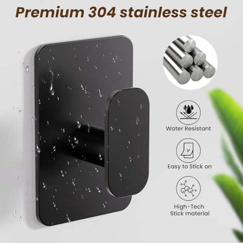 Large Heavy Duty Wall Hooks - 26lb Max, Stainless Steel Adhesive Towel Hooks for Hanging Towel, Coat, Robe, Hat, Sticky Towel Holder for Wall Mount in Bathroom, Shower, Kitchen (Black, 2 Pack) - Image 6