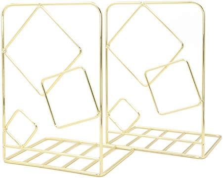 Winterworm Metal Bookends Book Ends Heavy Duty Modern Decorative for Bedroom Library Office School Book Display Desktop Organizer Gift(Square Gold) by Winterworm
