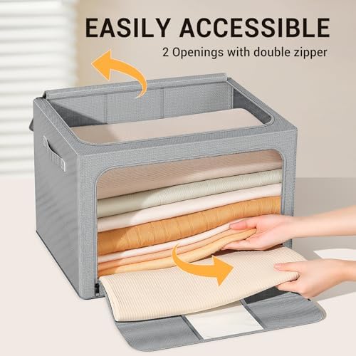 Clothes Storage Bins with Metal Frame, Foldable Clothes Organizers Storage Containers for Clothes, Sheets, Blankets, Pillows and Towels (100L, 3 Pack, Deep Grey) - Image 5