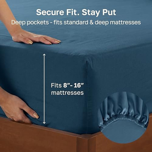 California Design Den 100% Cotton Sateen Queen Size Fitted Sheets, Blue - Image 4