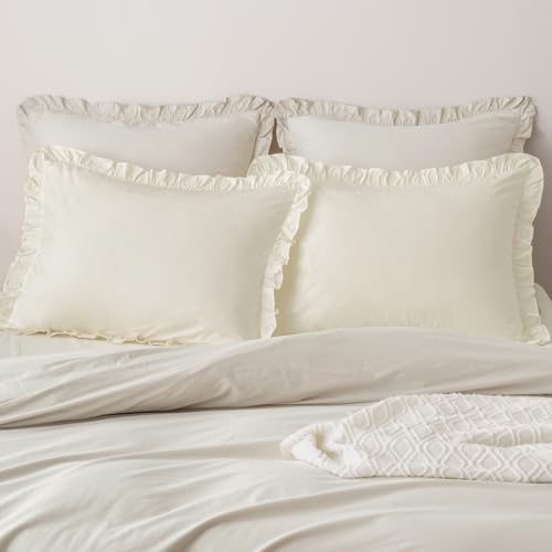 PHF Washed Cotton Ruffle Pillowcases King 20"x36", Cream, 2 Pack, No Insert by PHF