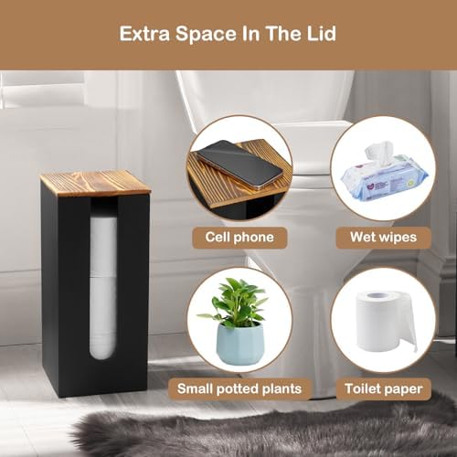 OUTNILI Freestanding Toilet Paper Holder Stand with Lid, Black Wooden Toilet Paper Storage Organizer for Bathroom Floor, Rustic Farmhouse Toilet Paper Storage Holds 3 Extra Large Rolls - Image 7