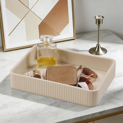 Desk Organizer Tray, PU Leather Nightstand Organizer, Beige 2-Pack - Image 5