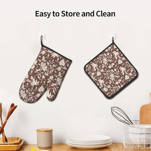 Vintage Block Print Brown Oven Mitts and Pot Holders Sets Floral Vine Oven Mitts Heat Resistant Flowers Kitchen Gloves Hot Pads Two Piece Set for Cooking Baking Grilling BBQ - Image 6