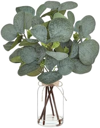 Artificial Eucalyptus Stems in Glass Vase with Faux Water,Artificial Plants Eucalyptus Leaves for Shelf Desk Bathroom Farmhouse Room Coffee Table Home Decor, Central Decoration. by WEIERYUE