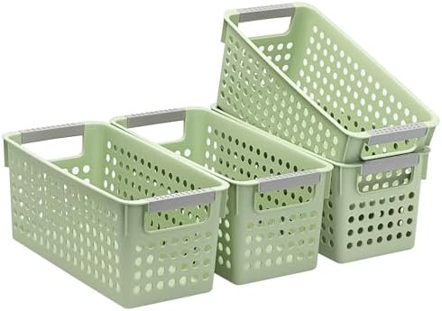 Soddeph Slim Plastic Storage Basket with Handles, Narrow Organizer box for Shelves, Organizer box for Organizing, Kitchen,Home,Office (Green, Small) by Soddeph