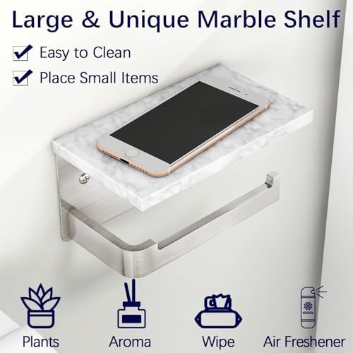 Gypie Toilet Paper Holder with Marble Shelf, Wall Mounted Brushed Nickel - Image 4