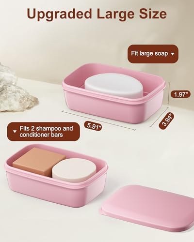 Quatish Leakproof Large Soap Dish with Lid & Draining Layer, Shatterproof Travel Bar Soap Holder Case Container, Portable Travel Size Toiletries Essentials for Camping, Gym, Bathroom, Pink - Image 2