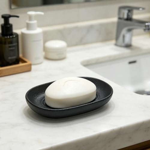 Ceramic Soap Dish for Bathroom & Kitchen Sink- Black Matte Textured Finish Bar Soap Holder for Shower - Easy to Clean Small Simple Oval Soap Dishes Holders for Bar Soaps, Sponges, Jewelry - Image 2