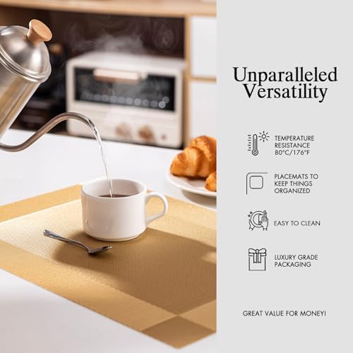 Placemats Set of 6 - Easy Clean Woven Vinyl Placemats for Dining Table, Indoor/Outdoor Place Mats, Washable PVC Table Mats（Gold Cube） - Image 5