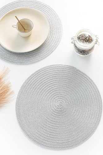 Floroom 15 Inch Round Braided Placemats Set of 6, Washable Heat Resistant Cotton Polyester Circle Place Mats for Kitchen Dining Table - Shimmer Silver - Image 4