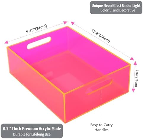 Acrylic Storage Bin Pantry Storage Container with Handles Kitchen Organizer Bin for Cabinet Cupboard Organization, Heavy Duty, 12.6 x 9.4 x 4'', Neon Pink - Image 2