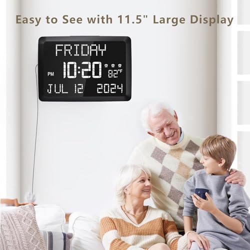 Raynic Digital Clock, 11.5" Large Display Calendar Clock with Day and Date, Indoor Temperature, Adjustable Brightness, Snooze,12/24H, DST for Home, Office, Elderly - Image 3