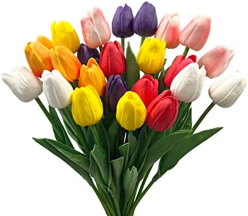 24pcs Multicolor Artificial Tulips Flowers Fake Faux PU Tulip Bouquet Real Touch Flower Arrangement for Home Decoration Excellent Gift Idea for Mothers Day（Multi） by WISTARTArtificialflowers