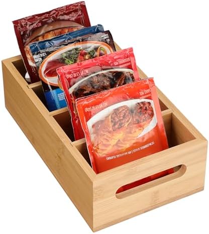 BSTKEY Seasoning Packet Organizer, Food Storage Organizer with 4 Removable Dividers, Bamboo Storage Caddy for Pantry Kitchen Cabinet, Kitchen Organization Bin with Handle for Snacks Spice Packets by BSTKEY