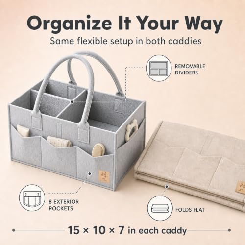 HIPHOP PANDA 2-Pack Diaper Caddy Organizer - Nursery Storage Bin & Car Organizer for Diapers, Wipes, and Baby Essentials - Dual-Color Solid Set (Grey/Oatmeal), Large Size - Image 3
