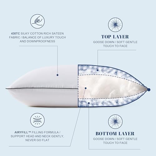 Flat Feather Down Pillows Pillows for Sleeping Queen Size Set of 1, Thin Hotel Pillow 1 Pack with Airyfil™ Fillings, Soft Bed Pillow for Stomach, Back Sleepers, Soft, 20×30 in. - Image 3
