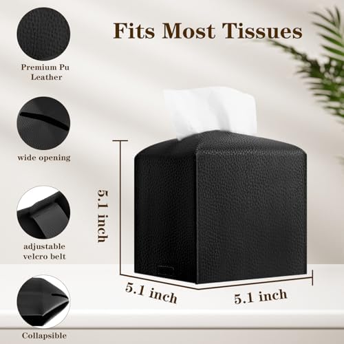 6-Pack Square Tissue Box Cover Holder, Black PU Leather Decorative Covers for Living Room, Bathroom, Office & Car - Image 3