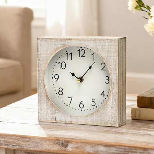 Vintage Table Clock, Square Wooden Farmhouse Table Clock Silent Non-Ticking Battery Operated Desk and Shelf Clocks for Living Room, Kitchen, Bedroom Decor by JUMBOHUMBLE