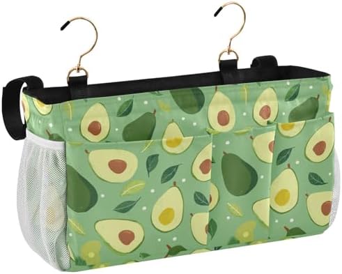 Bedside Caddy Hanging Bunk Bed Caddy Bed Organizer Hanging Pocket with 2 Hooks Bedside Storage Organizer Pocket Bag Holder Green Avocado and Leaf - Image 2